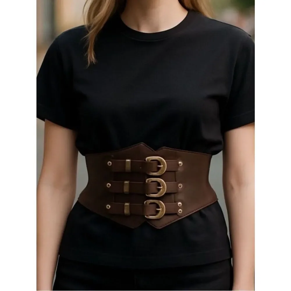 Dark Brown Gold Triple Buckle Wide Corset Belt NWT